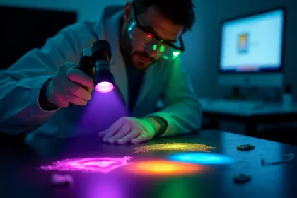 Forensic scientist using a UV flashlight to reveal glowing evidence in a dark lab.